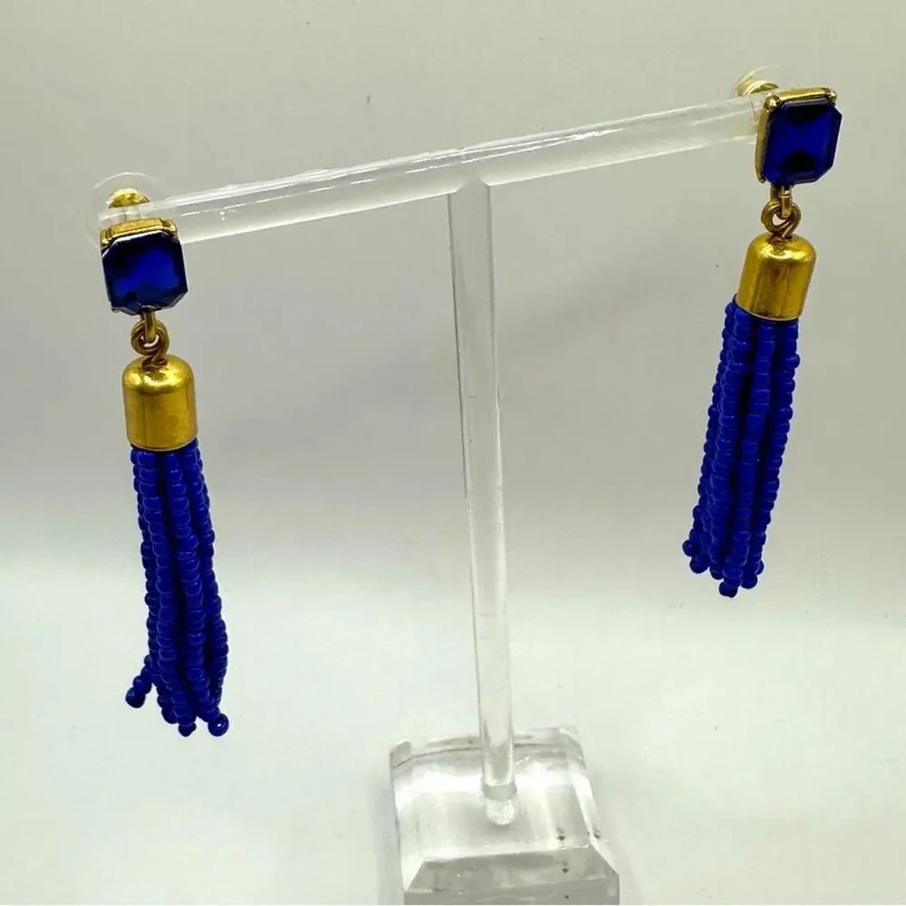 J. Crew Cobalt Beaded Tassel Earrings Casual luxe Preppy Summer Dangle Drop